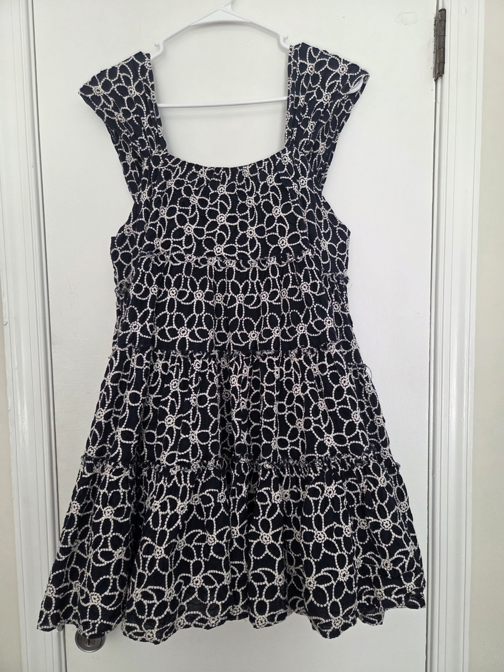 Sofie the Label Navy Blue White Tiered Cotton Square Neck Dress Medium